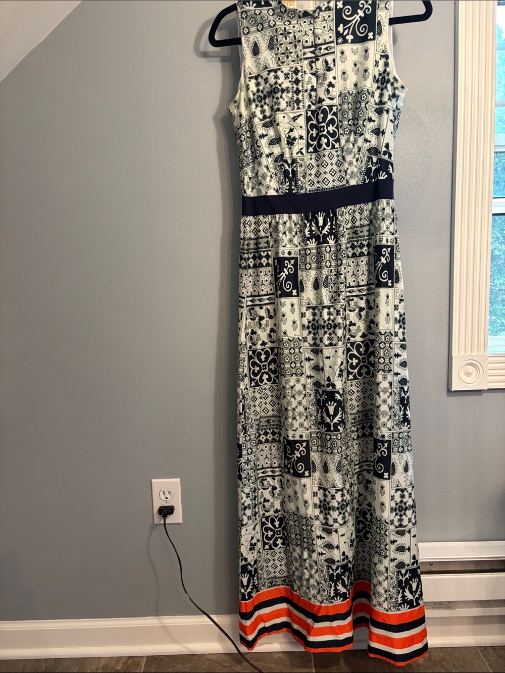 Vintage Bert’s Sleeveless Navy & White Patterned Maxi Dress w/ Orange Stripe, SM